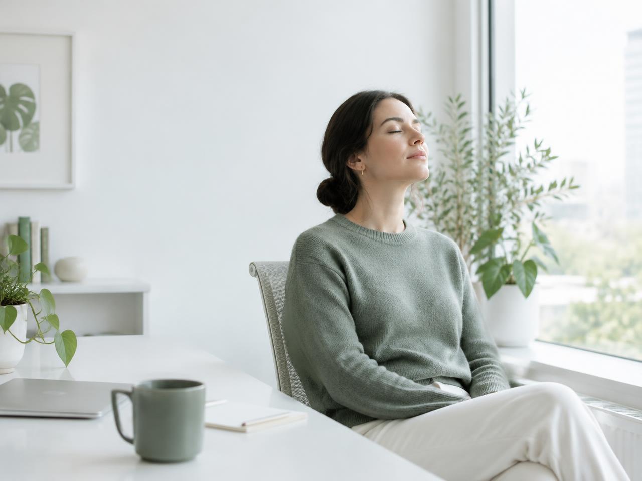 Person atmet am Fenster bewusst durch